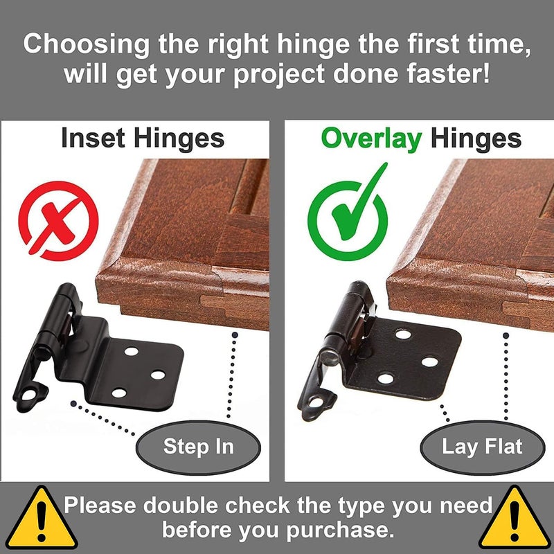 Decobasics 1/2" Overlay Matte Black Cabinet Hinges (30 Pair -60 Pcs) Self Closing Bath & Kitchen Cabinet Hinges Black Flush Mount w/Door Bumpers & Upgraded Screws - Image 2
